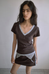 26SS★ [SET] レース トリム Vネック Tシャツ＋スカート