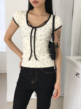 Kandil flower color combination ribbon string puff short sleeve t-shirt