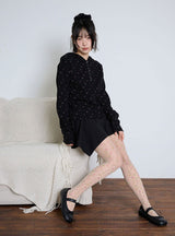 FLOWER WAFFLE BUTTON HOODIE - BLACK