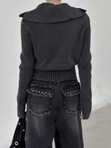 Hard high-neck washed knit zip-up