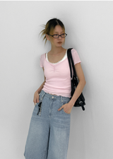 [MADE] Bellini Shirring V-Neck Short Sleeve Tee