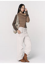 CONFUN Asymmetrical off-the-shoulder, laid-back and slimming base layer, striped knitted patchwork top