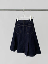 Dark blue raw cotton flared pleats midi skirt