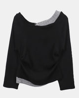 アシンメトリーカラーブロックシアーワンオフショルダー長袖Tシャツ