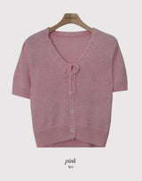 Pastel Pogeun Ribbon Short-Sleeved Knit Cardigan (3color)