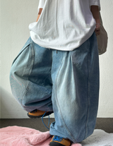 KOREAN / KEYRING / STRING 🩵 FRONT SLIT BALLOON JOGGER DENIM WIDE LONG PANTS 🩵🖤 - 2 COLORS