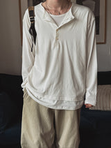 トップツートーンレイヤードヘンリーネックロングスリーブTシャツ