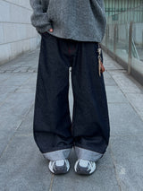 ステッチカフィングワイドデニムパンツ (M, L)