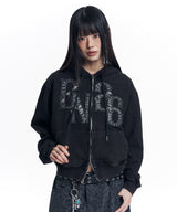 Washed Leather Patch Hooded Zip-Up - Black