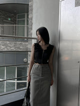 SALE! Gray washed denim back slit H-line long skirt (Gray)