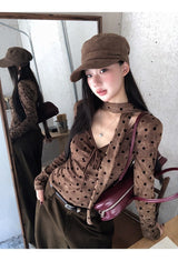 cotton wool scarf dot brown long-sleeve t-shirt