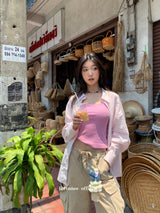 ビューティーピンクストラップノースリーブTシャツ
