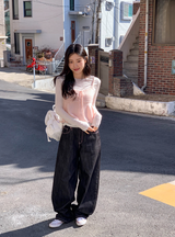 ピンクハートステッチノンフェードデニムワイドパンツ