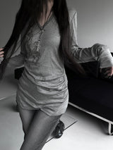 rika shirring V-neck printing T