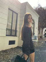 Unbalanced Off-Shoulder Stripe Long Sleeve T-Shirt