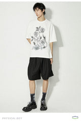 バラプリント半袖ゆったり純白半袖ユニセックスTシャツ