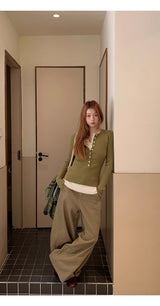 high-neck button bold ribbed loose fit knitwear