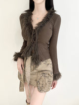 1083. Fur trimming ribbon cardi (3color)