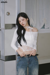 Lace Choker Scarf Unbalanced Long-Sleeved T-Shirt