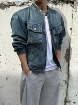 With denim biker jacket