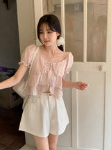 #Cancan Puff Shirring Short Sleeve Blouse (2color)