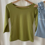 キウイラウンドネックポルカドットベーシックフィット3/4半袖Tシャツ(4 Colors)