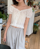 #Flower Embroidery Crop Short Sleeve Blouse (2color)