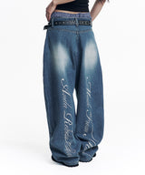 Stripe Lettering Denim Pants - Medium Blue
