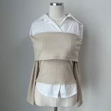Off-shoulder color scheme shirt slim fit ribbed long sleeve knit T (2 colors)