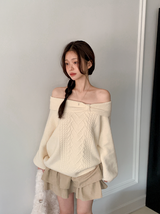 プレゼントリボンツイストルーズオフショルダーニット(4color)