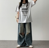 Andy Knee Damage Cutting Deep Washed Denim Wide Pants