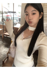 Choker V-neck Lace V-neck Long Sleeve T-shirt