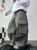 ヒーター❤カーゴオーバーロングバンディングパンツ 🩶🖤🤎💚4COLOR