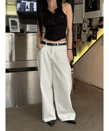Stitch back strap wide denim pants(2color)