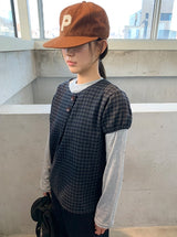Bukanne Wool Button Check Short Sleeve Blouse - Wool 50%