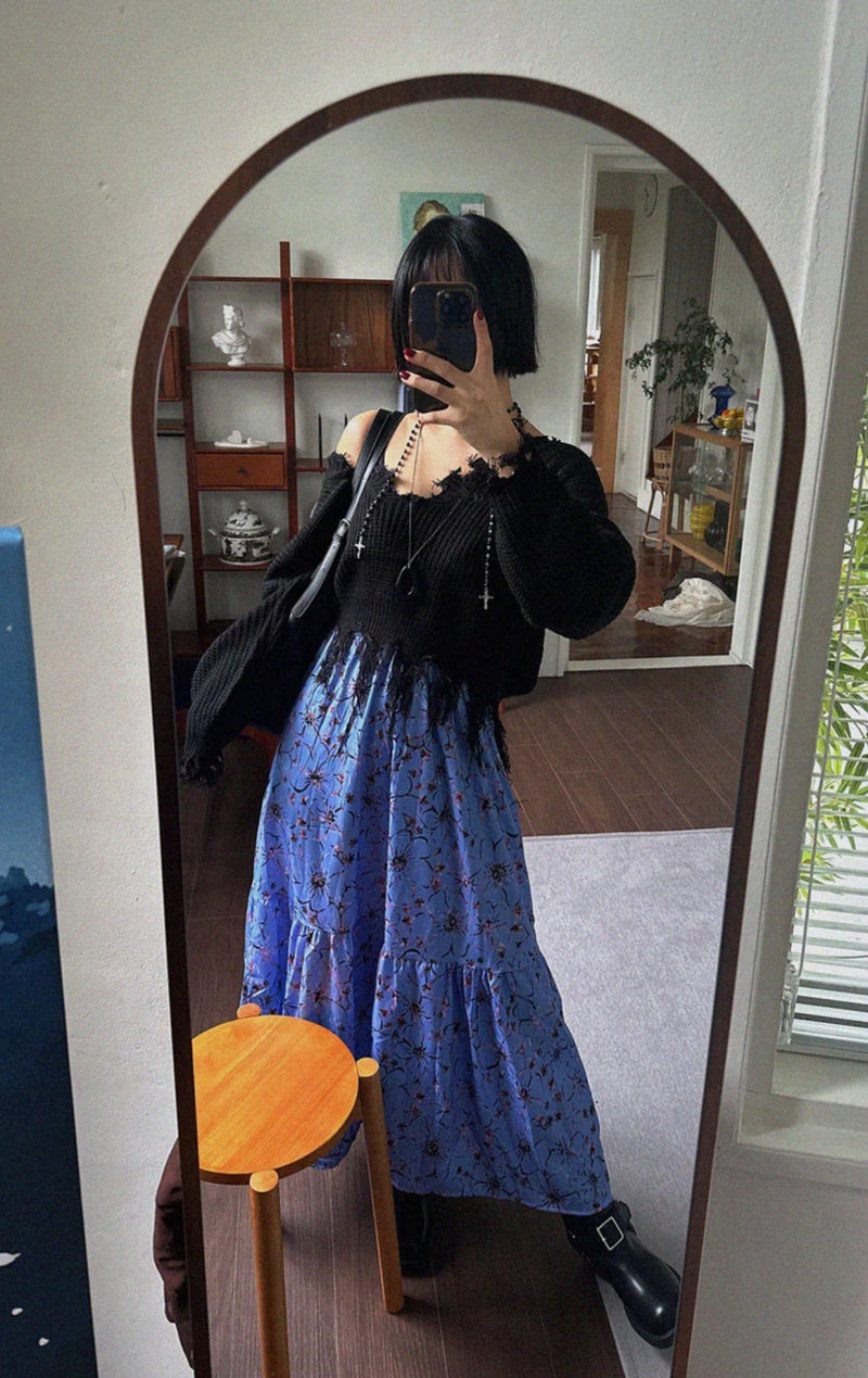 フリンジVネックニットトップ (BLACK)