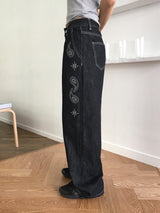 スコールツーウェイピンタックペイズリーキュービックステッチノンフェイドデニムロングワイドパンツ