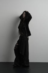 [label] layered tie damage wide pants (black)