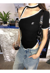 Black Stitch Unbalanced Off-Shoulder Strap Short Sleeve T-Shirt