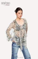 Leopard see-through frill blouse