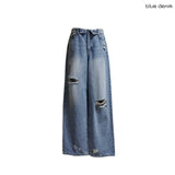 Fold-Over Distressed Wide Denim Pants