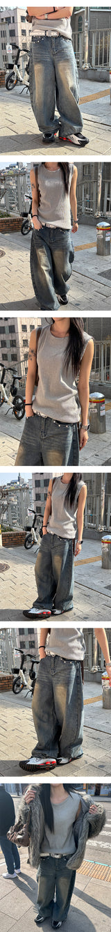 [Unisex] Back leather pocket wide pants