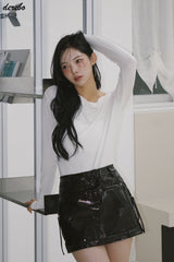アンバランスオフショルダーシャーリングベーシック長袖Tシャツ