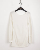 Tirit back slit cross strap punching U-neck off shoulder long sleeve T-shirt