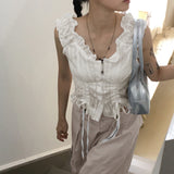 fullin Shirring String Button Sleeveless Blouse