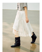 Asymmetric Lace Mix Silk Midi Skirt