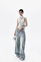 Summon Oak Pure Desire Basic Versatile Thin Short Streamer Slim Halter Backless Knitted Vest for Women