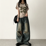 Andy Knee Damage Cutting Deep Washed Denim Wide Pants