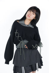laceup ribbon knitset(black)