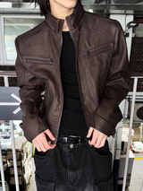 Crop Neck Leather Jacket